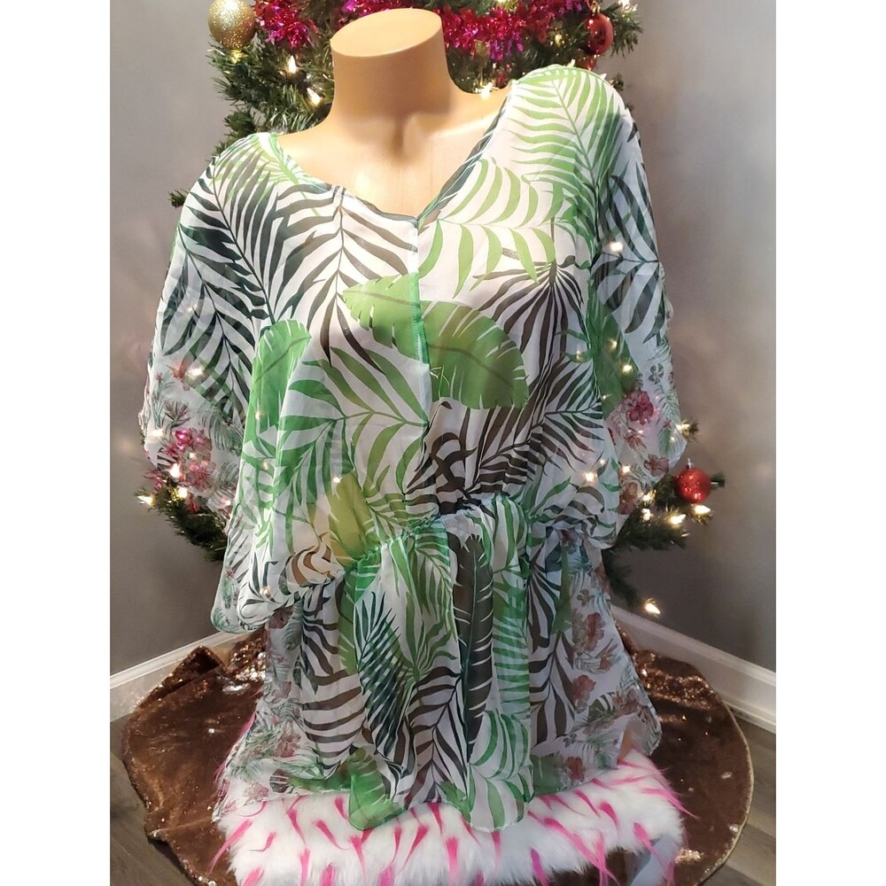 west loop Green and White Tropical Leaf Swim Cover-Up